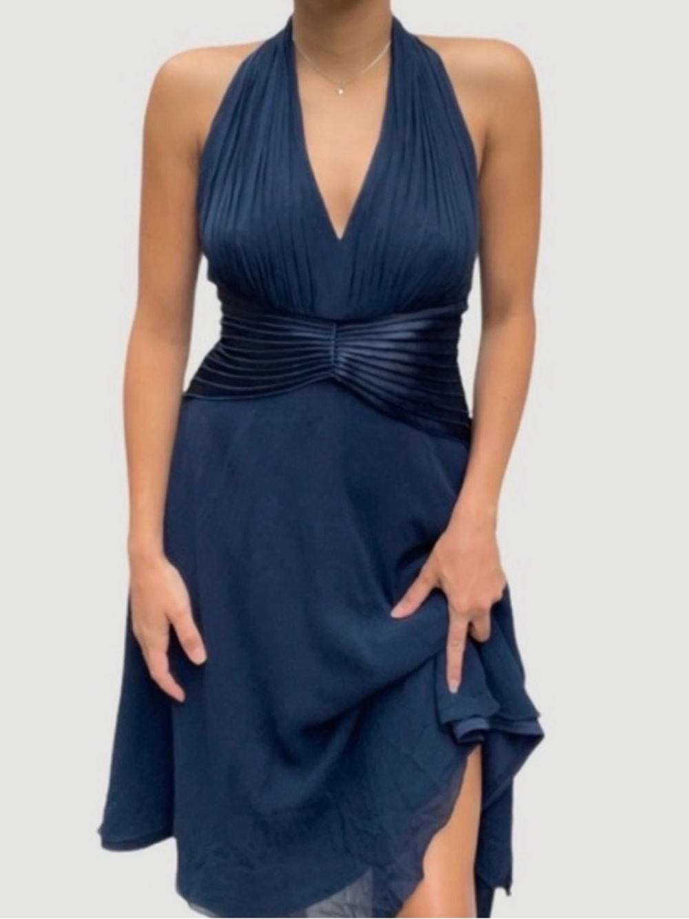 Tadashi Shoji Navy Blue Halter Silk Dress Womens 2 Petite